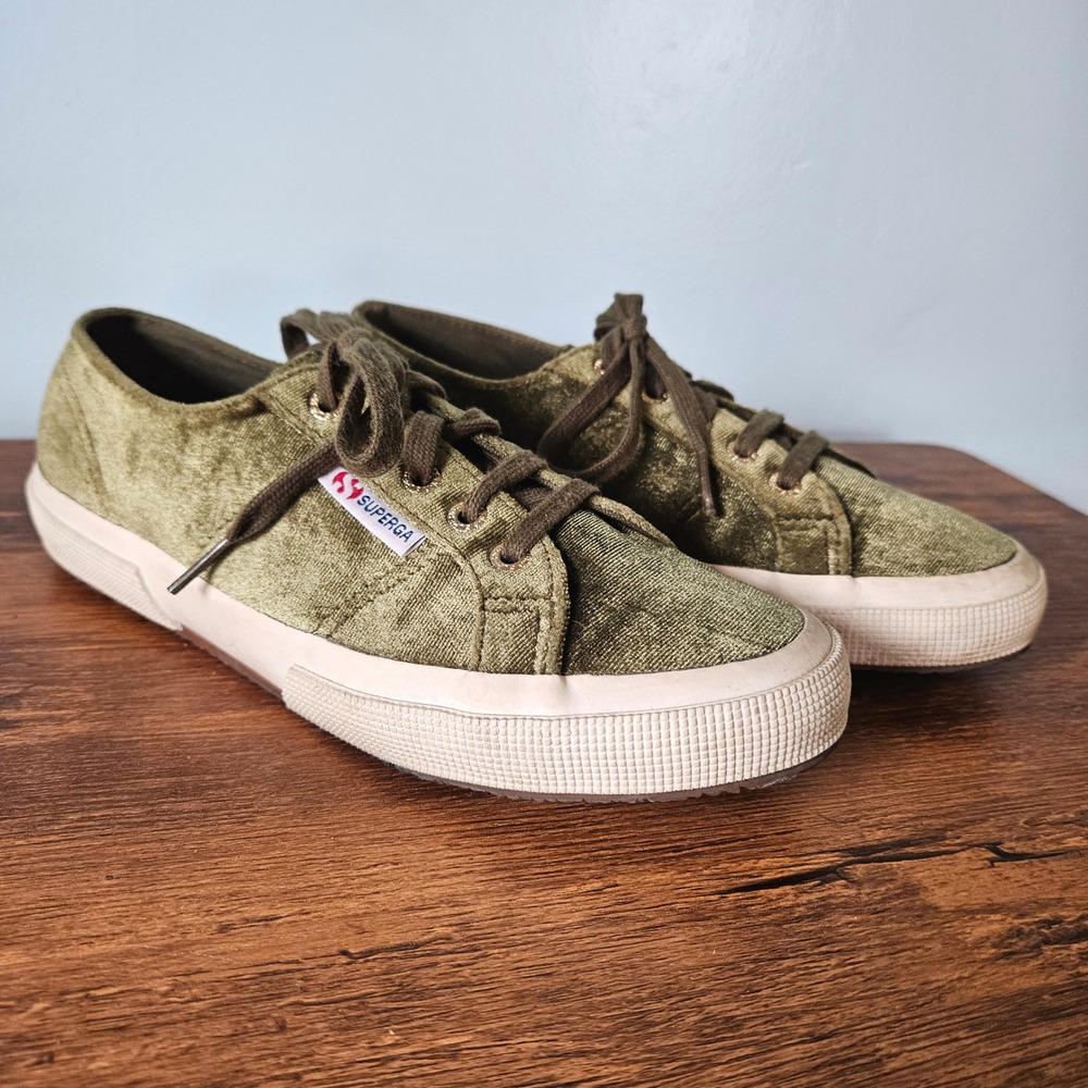 Superga Cotu Olive Green Velvet Low Top Sneakers Womens Size USA 7/37.5